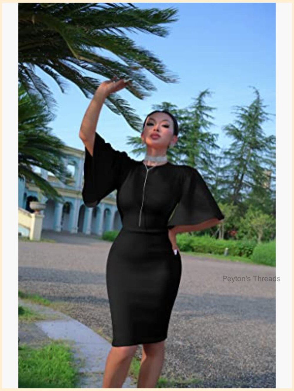 Women's Bodycon Ruffle Flared Short Sleeve Pencil Midi Dress - Picture 3 of 7